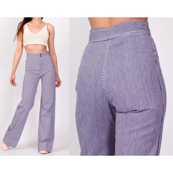 70s‎ Blue & White Pinstriped Pants - Extra Small, 23.5" | Vintage Retro Flares - Picture 1 of 8